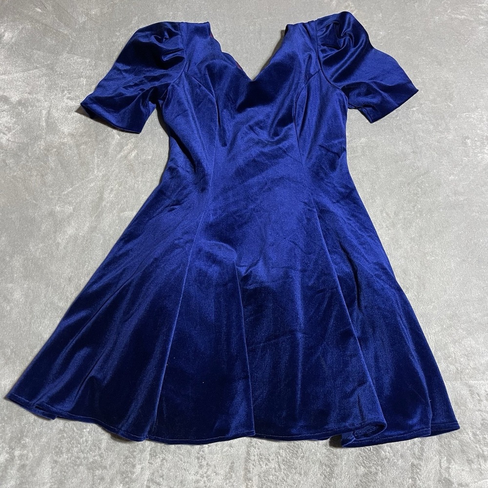 Vintage DBY Velvet Dress Womens 5 Blue V Neck Scalloped Fit Flare Puffy 80s